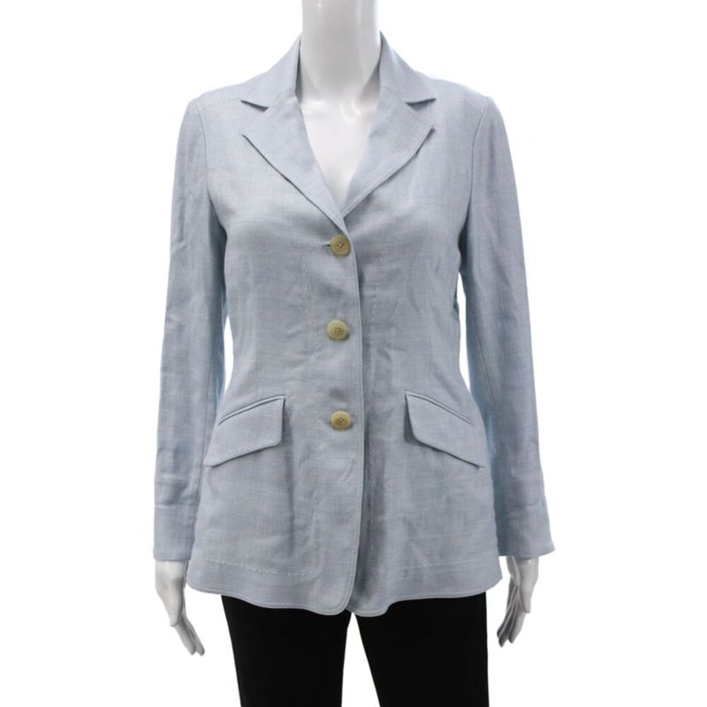 Rani Arabella Womens Blazer Blue Wool Silk Linen Long Sleeve Button Size XS